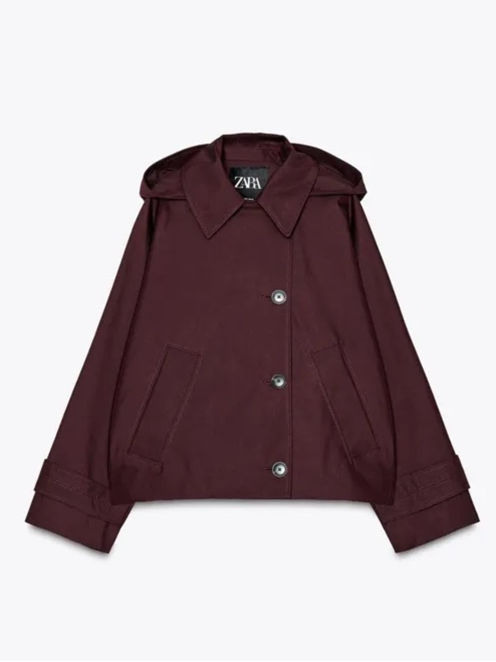 Zara ZW Collection Burgundy Water Repellent Hooded Trench Coat S NWT